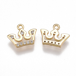 Brass Cubic Zirconia Charms, Crown, Clear, Nickel Free, Real 18K Gold Plated, 10x12x2mm, Hole: 1mm