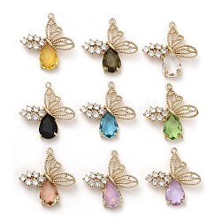 Glass with Golden Brass Pendants, Butterfly with Teardrop Charms, Mixed Color, 30.5x30x5.8mm, Hole: 1.6mm