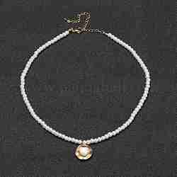 Collane del pendente del ferro, con perle di resina rotondi, forma a conchiglia, bianco, oro, 15 pollice (38.2 cm)
