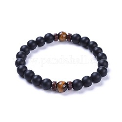 Natural Black Agate(Dyed) Bead Stretch Bracelets, with Natural Tiger Eye Beads and Wood Beads, Frosted, 2-1/8 inch(5.5cm)