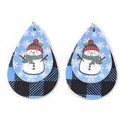 Pendentifs en cuir pu thème de Noël gros, avec anneau de saut en fer platine, larme, avec bonhomme de neige, bleuet, 56.5x37x3mm, Trou: 5mm
