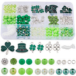 SUNNYCLUE DIY Saint Patrick's Day Bracelet Making Kit, Including Acrylic & Polymer Clay Disc Beads, Clover & Hat Alloy Pendants, Green, 258Pcs/box