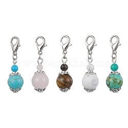 Natural & Synthetic Mixed Stone Pendant Decorations, with Alloy Lobster Claw Clasps, Round, 33~34mm