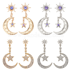 ANATTASOUL 4 Pairs 4 Style Rhinestone Moon & Star Dangle Stud Earrings, Alloy Long Drop Earrings, Platinum & Golden, 50~60x25~27mm, 1 Pair/style