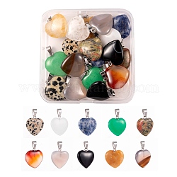 20 Uds. 10 colgantes de piedras preciosas naturales de corazón de estilo, con fornituras de latón de tono platino, 20~22x20~21x5~8mm, agujero: 2x7 mm, 2 piezas / style