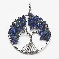 Naturales lapis lazuli de varilla de latón envueltos colgantes grandes, árbol de la vida, Sin cadmio y níque y plomo, 50~64x48~52x5~8mm, agujero: 3~6 mm
