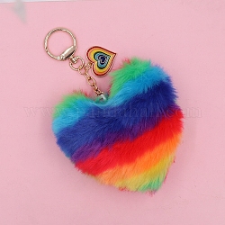 Porte-clés en fausse fourrure de lapin, avec fermoir en alliage de zinc, cœur, colorées, pendentif: 11cm