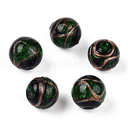 Handgemachte Glasperlen Goldsand, Runde, grün, 14~14.5x13.5 mm, Bohrung: 1.5 mm