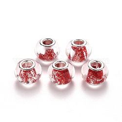 Verre transparent perles européennes, perles de rondelle avec grand trou , avec des paillettes scintillantes et des doubles noyaux en laiton ton platine, rouge, 14x10mm, Trou: 5mm