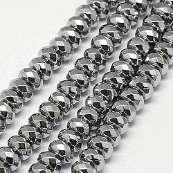 Electroplate Non-magnetic Synthetic Hematite Beads Strands, Faceted, Rondelle, Grade A, Silver Plated, 6x4mm, Hole: 1.2mm, about 100pcs/strand, 16 inch