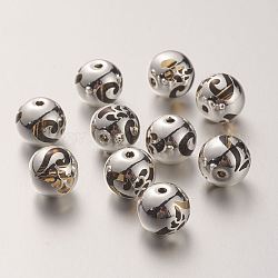 K9 perles de verre, recouvert de laiton, ronde avec motif coeur, 925 argent sterling plaqué, or, 10.2x9.2mm, Trou: 1.5mm