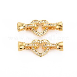 Brass Micro Pave Clear Cubic Zirconia Peg Bails Fold Over Clasps, Nickel Free, Heart, Real 18K Gold Plated, 12.5x34.5mm, Heart: 12.5x14x1.5mm, Clasp about: 15x7.5x7mm, Inner Diameter: 4.5mm