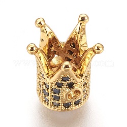 Brass Micro Pave Cubic Zirconia Beads, Crown, Black, Real 18K Gold Plated, 12x10mm, Hole: 1.5mm, Inner Diameter: 4.5mm