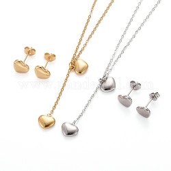 Heart 304 Stainless Steel Jewelry Sets, Pendant Cable Chains Necklaces and Stud Earrings, with Lobster Claw Clasps and Ear Nuts, Mixed Color, 17.51 inch(44.5cm), 7.5x9x3mm, Pin: 0.8mm
