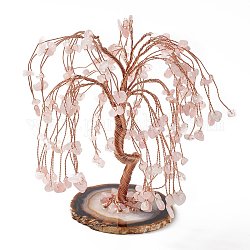 Decorazione dell'esposizione dell'albero di quarzo rosa naturale, base a fetta di agata ornamento feng shui per ricchezza, fortuna, fili di ottone oro rosa avvolti, 64~95x75~125x140~170mm