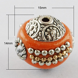 Handmade Indonesia Beads, with Alloy Cores, Round, Antique Silver, Dark Orange, 15x15x14mm, Hole: 2mm