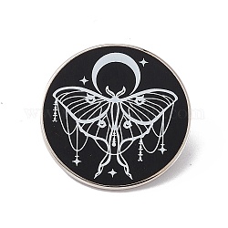 Lune avec broche en émail de papillon de nuit, broche ronde plate en laiton platine pour vêtements de sac à dos, noir, 30.5x2mm, pin: 1.2 mm.