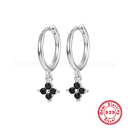 Boucles d'oreilles créoles en argent sterling plaqué rhodium et 925 fleur en platine plaqué rhodium, noir, 19x8.5mm
