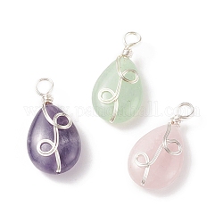 3Pcs 3 Styles Natural Mixed Stone Pendants, Natural Rose Quartz & Amethyst & Green Aventurine, Teardrop Charm, with Silver Tone Eco-Friendly Copper Wire Wrapped, 25.5x13x6.7mm, Hole: 3.4mm, 1pc/style