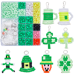 SUNNYCLUE 1 Box DIY 8 Sets Pony Beads Kit Bead Craft Kit Bead Pets Keychain 8mm St Patrick's Day Beads Green Plastic Beads Bulk for Keychains Shamrock Lucky Four Leaf Clover Beads Keychain Making Kit