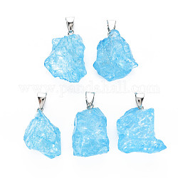 Pendentifs en quartz de crackle naturel, avec les accessoires en fer de platine plaqués, teints et chauffée, pépites, lumière bleu ciel, 23~31x16~21x10~16mm, Trou: 4x7mm