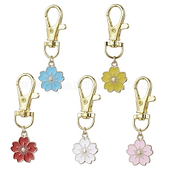 Décorations de pendentif en émail en alliage de fleur de sakura, charme fermoirs mousquetons pivotants, couleur mixte, 50mm, fleur: 20x17.5x1.5 mm