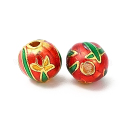 Perles d'émail en alliage, crémaillère plaquage, ronde avec motif de fleurs, couleur or mat, rouge, 9.5x9.5mm, Trou: 2mm