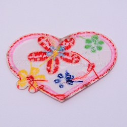 Tela de bordado computarizada para planchar / coser parches, accesorios de vestuario, apliques, corazón con la flor, rosa, 37x56x1.5mm