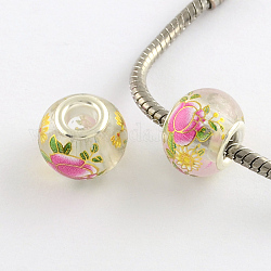 Large Hole Rondelle Flower Pattern Glass European Beads, with Silver Tone Brass Double Cores and Gold Metal Enlaced, Hot Pink, 14~15x11mm, Hole: 4.5~5mm