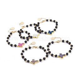 Druzy Acrylic Beaded Bracelets, with Natural Lava Rock Beads, Brass Findings and 304 Stainless Steel Lobster Claw Clasps, Cross, Golden, Mixed Color, 8-1/8 inch(20.5cm)