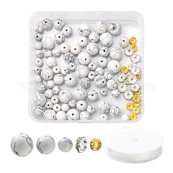 96 Stück synthetisches Howlith-Set mit runden Perlen für die DIY-Schmuckherstellung, mit eisernen Strass-Abstandsperlen und elastischem Faden, synthetische Howlith-Perlen: ca. 76 Stück / Karton