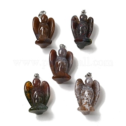 Pendentifs en agate indienne naturelle, Breloques d'ange avec fermoirs en alliage plaqué platine, 31~31.5x17~18x12mm, Trou: 7.5x4mm