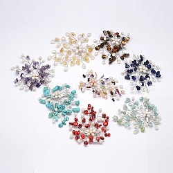 Flower Gemstone Brooches, with Pearl and Platinum Plated Brass Findings, Mixed Color, 74~87x66~84x8~10mm