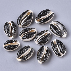 Perles de coquillage cauri naturelles, avec résine époxy et poudre scintillante, non percé / pas de trou, noir, 17~22x11~14x7~8mm