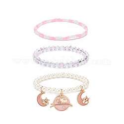 Ensemble de bracelets extensibles en perles de verre et perles de coquillage 3pcs 3 styles, bracelets à breloques lune et étoile en alliage émaillé pour femme, rose, diamètre intérieur: 2-1/8~2-1/4 pouce (5.3~5.7 cm), 3 pièces / kit