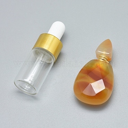 Pendentifs flacon de parfum ouvrable en agate naturelle facettée, avec des accessoires en laiton et des bouteilles d'huile essentielle en verre, 40~43x21~23x12~13mm, Trou: 0.8mm, capacité de la bouteille en verre : 3 ml (0.101 fl. oz), capacité de pierres précieuses: 1 ml (0.03 fl. oz)