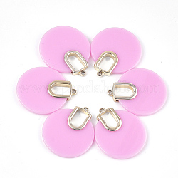 Pendentifs acryliques opaques, avec les accessoires en alliage, plat rond, or clair, perle rose, 38.5x33x4.5mm, Trou: 2mm