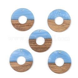 Ciondoli in resina opaca e legno di noce, rotondo e piatto, blu fiordaliso, 28x3mm, Foro: 2 mm