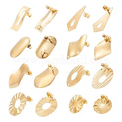 MAYJOYDIY US 8 Style 304 Stainless Steel Stud Earring Findings, with Vertical Loops & Ear Nuts/Earring Backs, Oval & Flat Round & Rectangle & Cone, Golden, 17~28x8~18mm, Hole: 1.2~4mm, Pin: 0.7mm, 2Pcs/style, 16Pcs/box