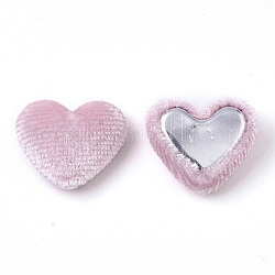 Velvet Cloth Fabric Covered Cabochons, with Aluminum Bottom, Heart, Pink, 14~15x16~17x6~7mm
