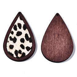 Eco-Friendly Cowhide Leather Big Pendants, with Dyed Wood, Teardrop with Leopard Print, Coconut Brown, 60x36x4mm, Hole: 1.2mm