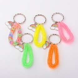 Rubber Loom Band Keychain, with Platinum Alloy Enamel Rainbow Pendants and Iron Key Clasp Findings, Mixed Color, 75mm