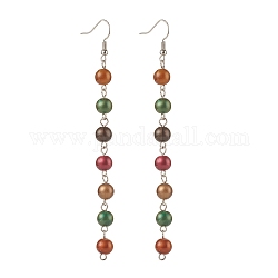 Boucles d'oreilles pendantes à pampilles longues en perles rondes imitation œil de tigre, bijoux en laiton pour femmes, colorées, 105~110mm, pin: 0.6 mm