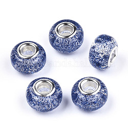 Epoxidharz europäische Perlen, Großloch perlen, mit Glitzerpulver und platinfarbenen Messingdoppeladern, Rondell, königsblau, 14x9 mm, Bohrung: 5 mm