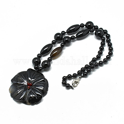 Colliers pendentif en agate noire naturelle teinte, avec des fermoirs en alliage de platine, fleur, 18 pouce ~ 20.8 pouces