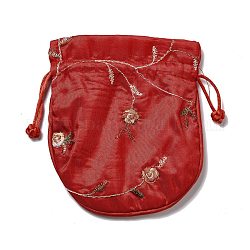 Мешочки для упаковки из китайской парчи, шнурок сумки, подкладка случайный цвет, квадрат с цветочным узором, красные, 14x11.7x0.2 см