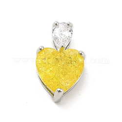 Colgantes de cristal, con fornituras reales de latón chapado en platino, corazón, amarillo, 20x12.5x7.5mm, agujero: 5.5x2.5 mm