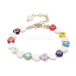 Braccialetto di perline fiore cuore colorato per ragazze donne, Bracciale in vetro millefiori e perle di conchiglia naturale, oro, 7-1/4 pollice (18.3 cm)