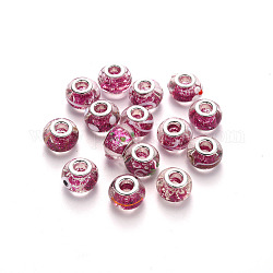 Handgemachte glasperlen murano glas großlochperlen, großes Loch Rondell Perlen, mit Glitzerpulver und platinfarbenen Messingdoppeladern, mit Mischmuster, Kamelie, 14~16x9~10 mm, Bohrung: 5 mm