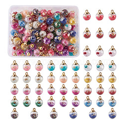 Kissitty Transparent Glass Globe Pendants, with Resin & Resin Rhinestone & Conch Shell & Glass Micro Beads inside, Plastic CCB Pendant Bails, Round, Golden, Mixed Color, 21.5x16mm, Hole: 2mm, 102pcs/box